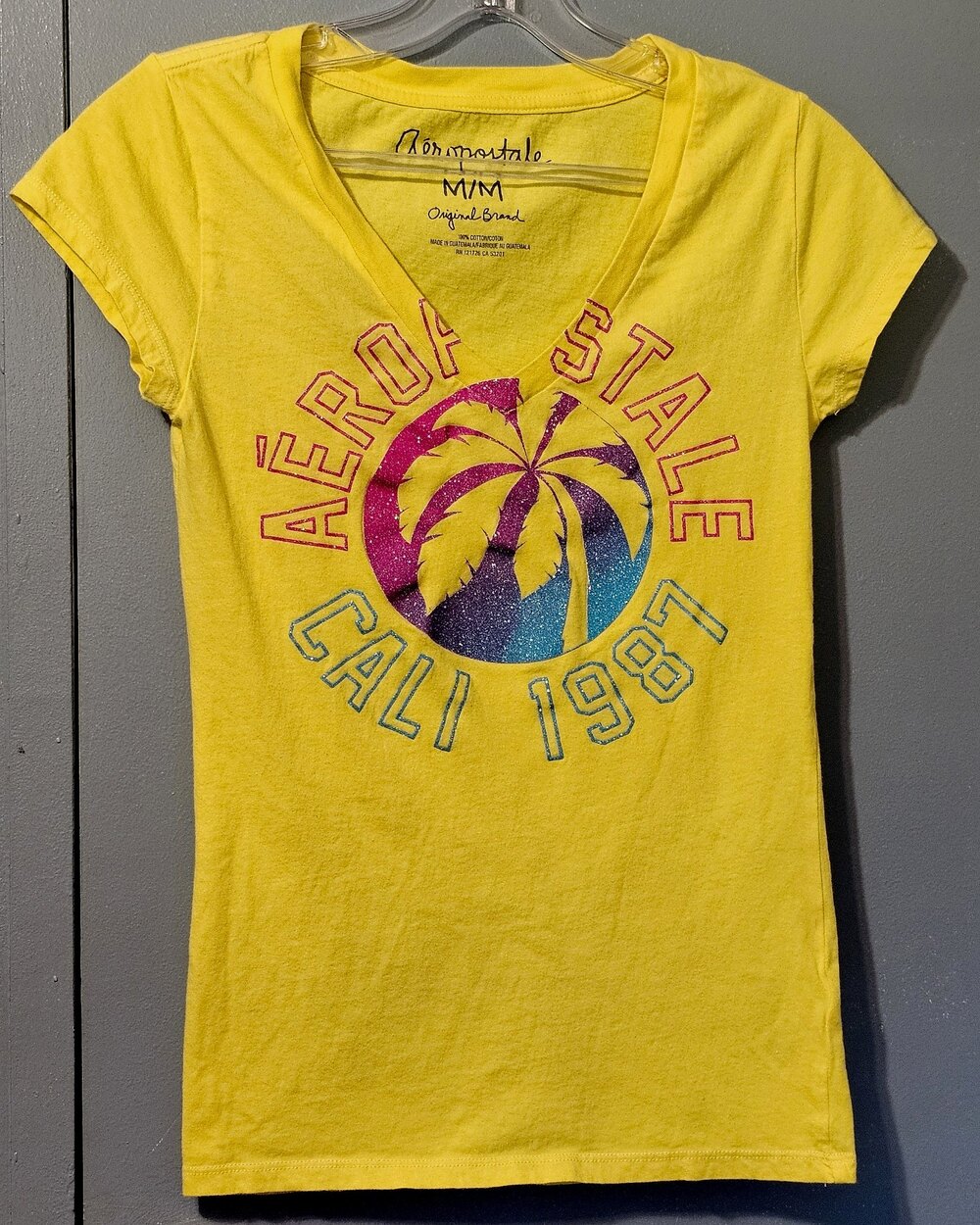 Aeropostale Graphic T-Shirt Yellow Palm Tree Cali 1987 Size M